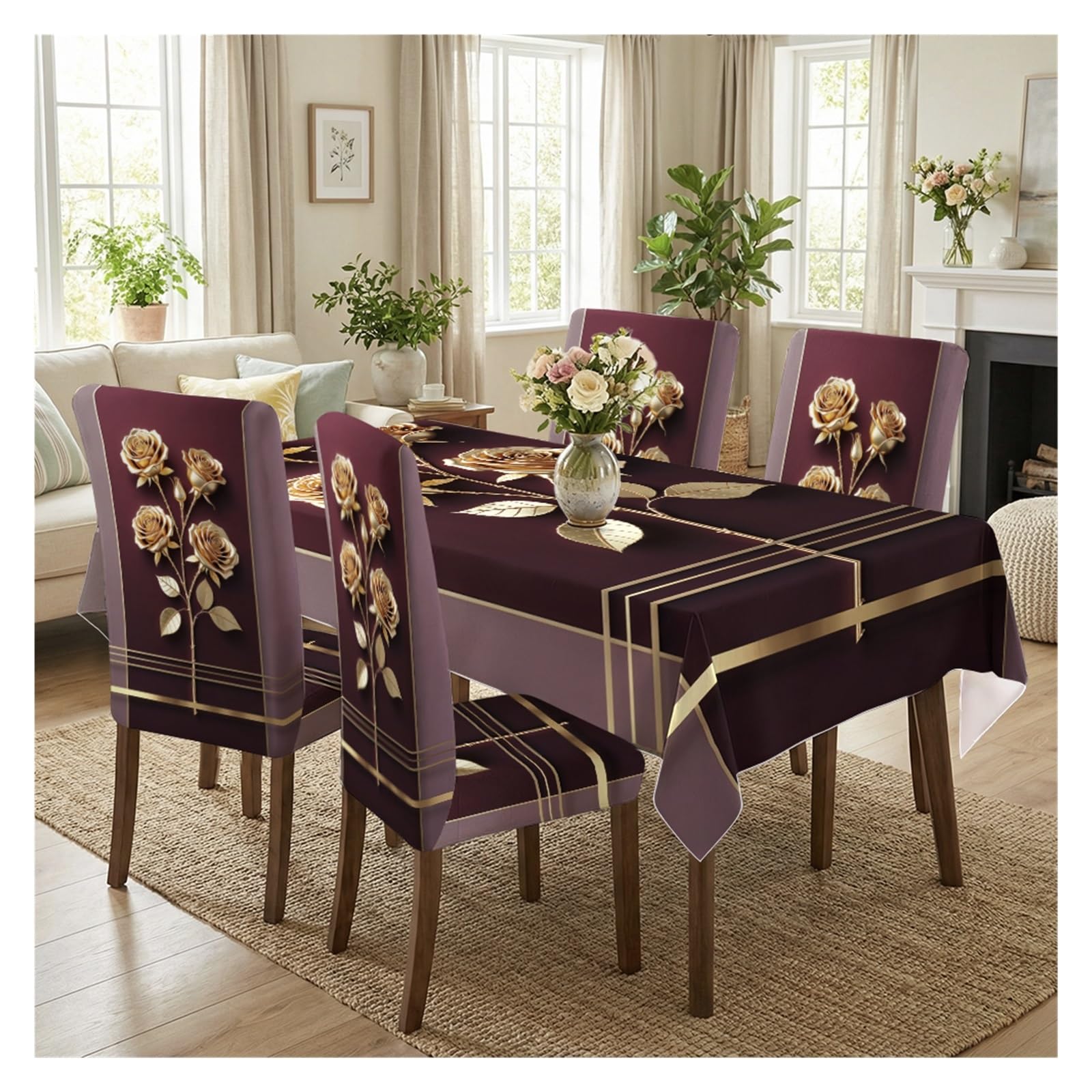KXUAUV Burgundy Golden Rose Line Pattern Stretch Dining Chair Slipcover & Tablecloth Set, Modern Luxury Dining Decor, 5/7 Pack Party Decor(5pcs Set: Tablecloth+Chair Covers)