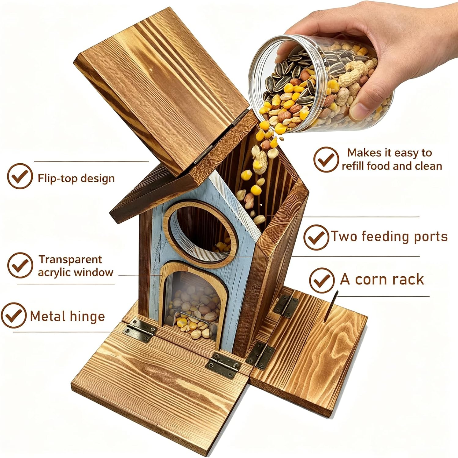 Solid Wood Squirrel Feeder with Dual Trays & Window for Tree, No Assembly