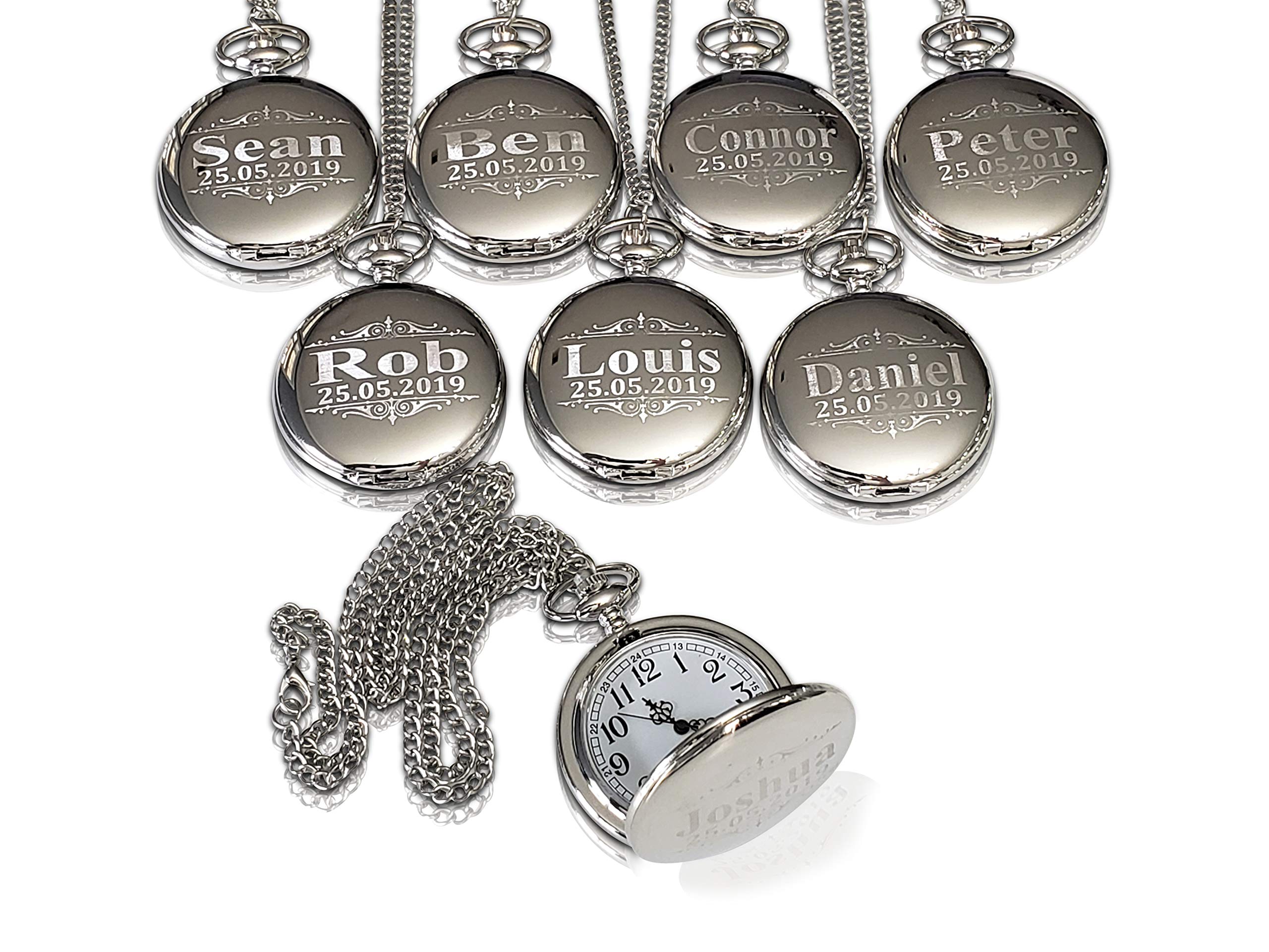 7 Engraved Pocket Watches, Set of 7 Groomsmen Wedding Unique Gifts, Chain, Box and Engraving Included, Comes in 4 Colors, His and her Gifts (Silver)