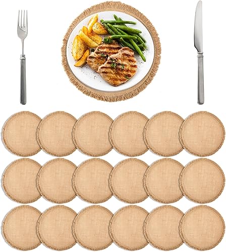 16 manteles individuales redondos de arpillera trenzados, de 15 pulgadas, estilo vintage, estilo granja, con bordes con flecos, manteles