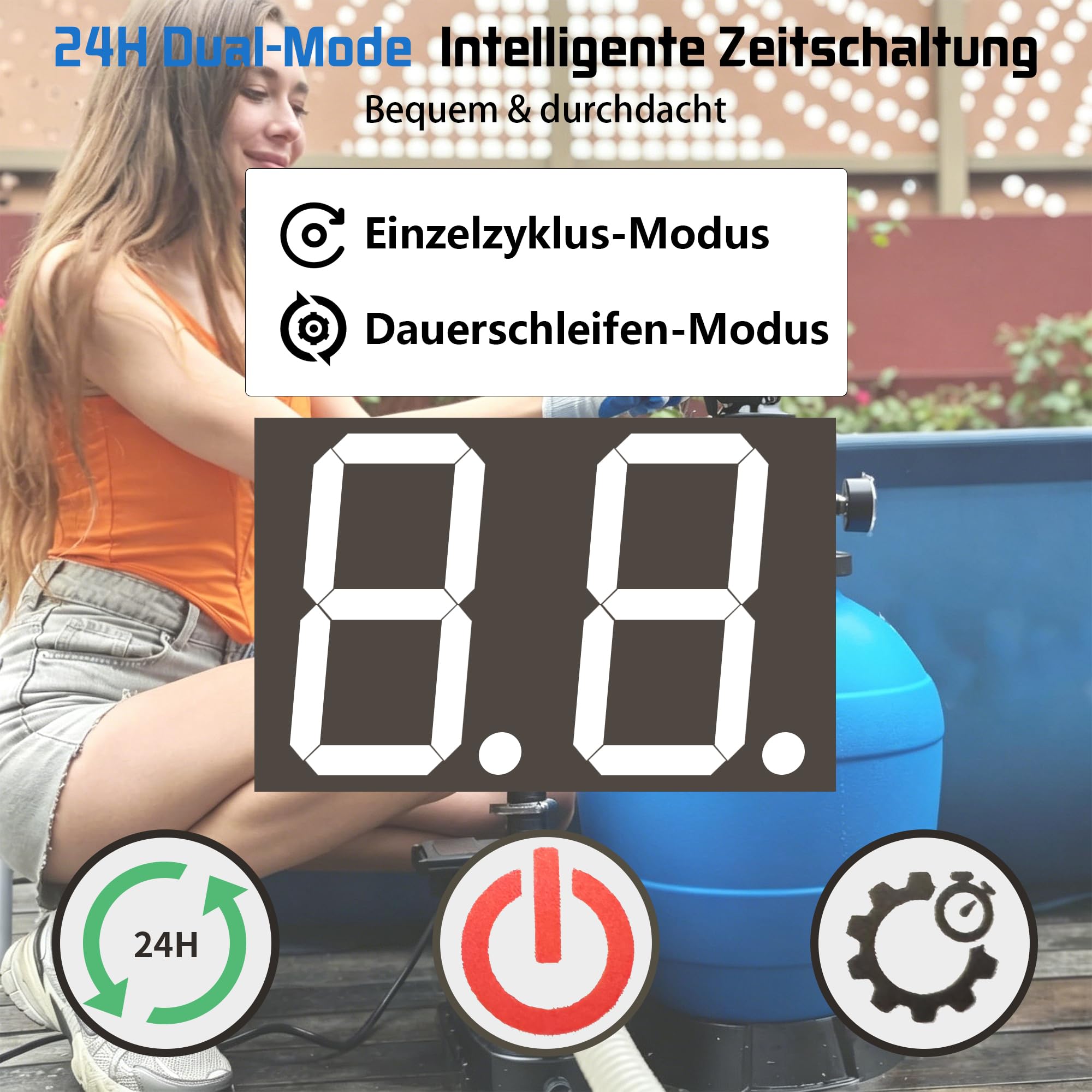 FOTING Sandfilteranlage Pool 11.500 L/h mit 24-Stunden Timer | Filteranlage 7-Wege-Ventil mit Druckanzeige & 2in1 Adapter Ø32mm-38mm | 400W Poolfilteranlage inkl. 200g Filterbälle