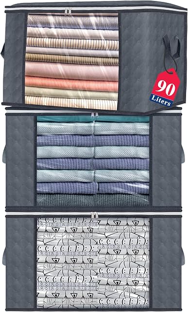 Acrests 90L Clothes Storage Bags 3 Pack Large Organiser Solutions Reinforced Handle Comforter Blankets Clothing Bedding Duvet Boxes Zips Clear Window Thick Underbed Collapsible Foldable Box, Grey