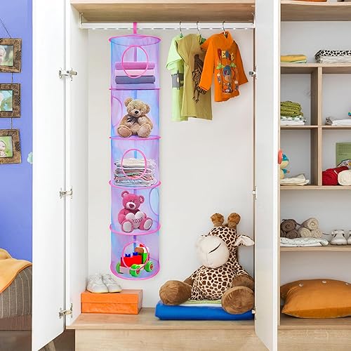 Miniatura 3 de 2 bolsas plegables de malla para colgar y ahorrar espacio, almacenamiento de animales de peluche, 5 compartimentos, bolsa colgante de malla para