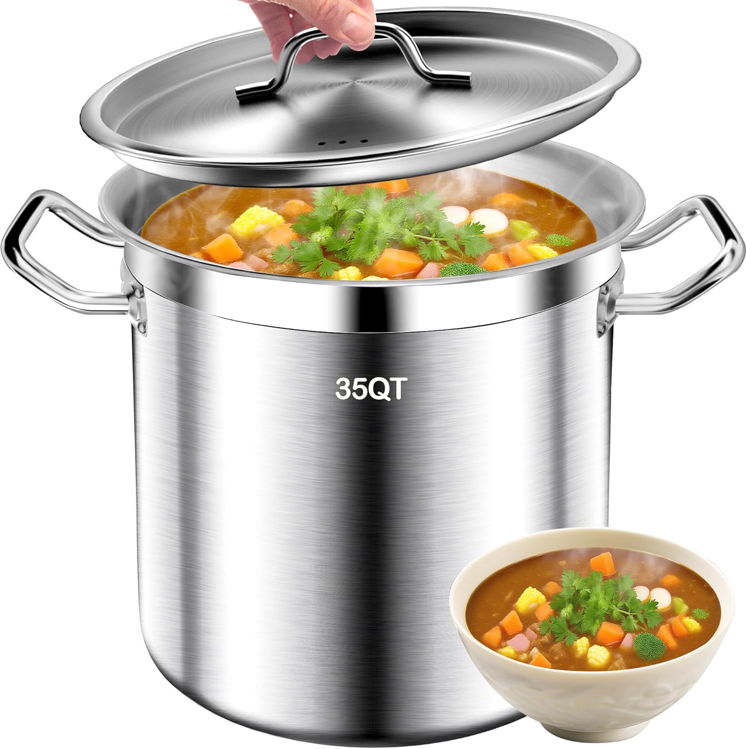 Large Stock Pot - 35Qt Brushed Stainless Steel Stock Pot With Lid - Heavy Duty Induction Commercial Grade Stockpots for Soup, Stew, Oven, Gas, Ceramic, and Dishwasher Safe