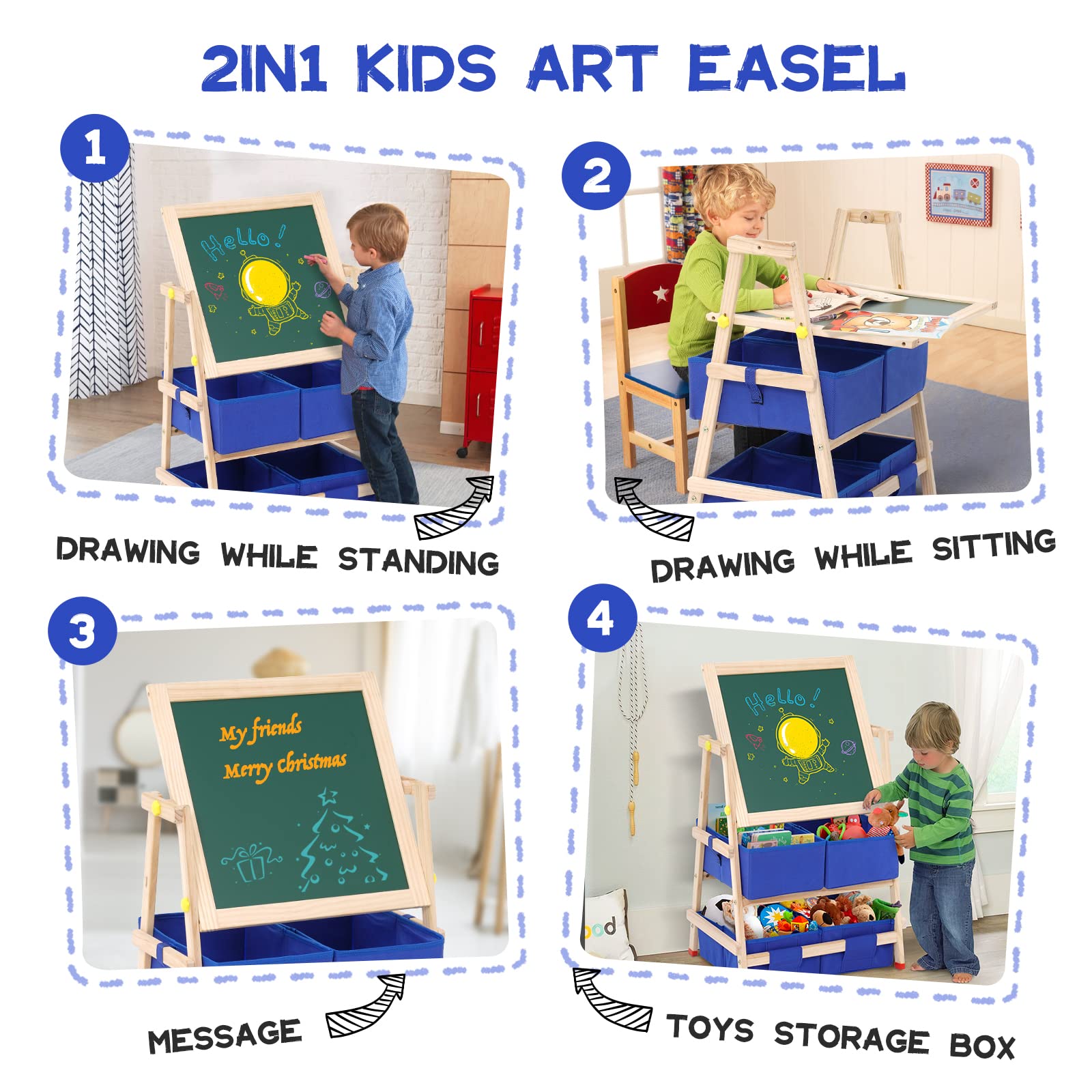 Pizarra infantil de madera con 4 cajones de tela, pizarra blanca de doble cara y pizarra Plegable Ajustable en altura Caballete infantil giratorio con números y otros accesorios para niños