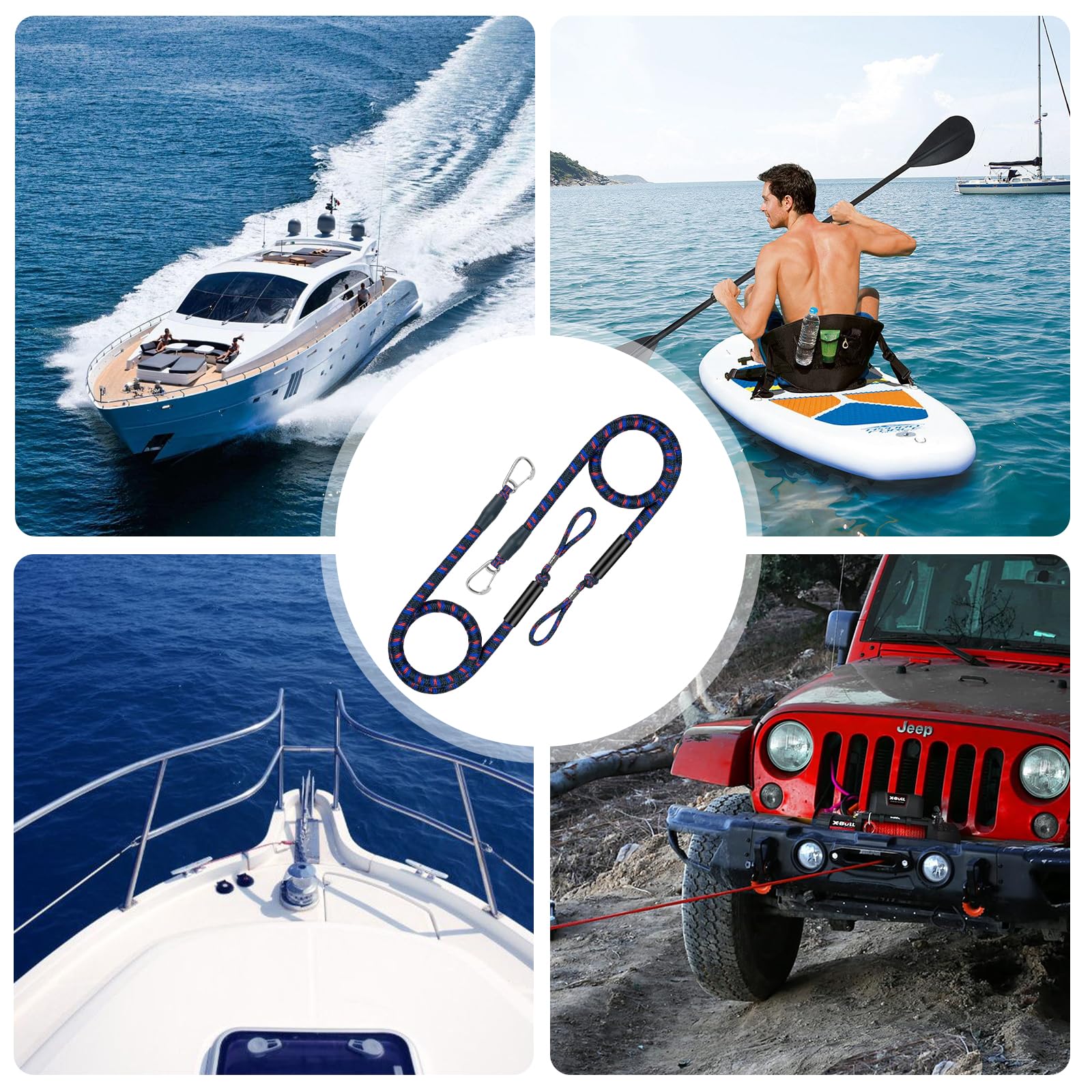 2 pezzi di cima da ormeggio Bungee Dock, 1,2–1,68 m, con moschettone in acciaio inossidabile 316, doppiamente intrecciata, per kayak, barche, marine, ponti galleggianti, veicoli acquatici