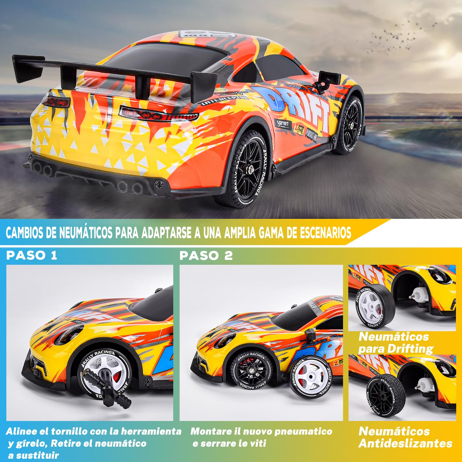 JONRRYIN Coche RC Drift, 1:14 Drift RC Car, 4WD Coche de Deriva Carreras Teledirigido con Kit Barricada, Luces LED, Radiocontrol Coche de Juguete para Adultos y Niños Mayores de 8 Años (Amarillo)