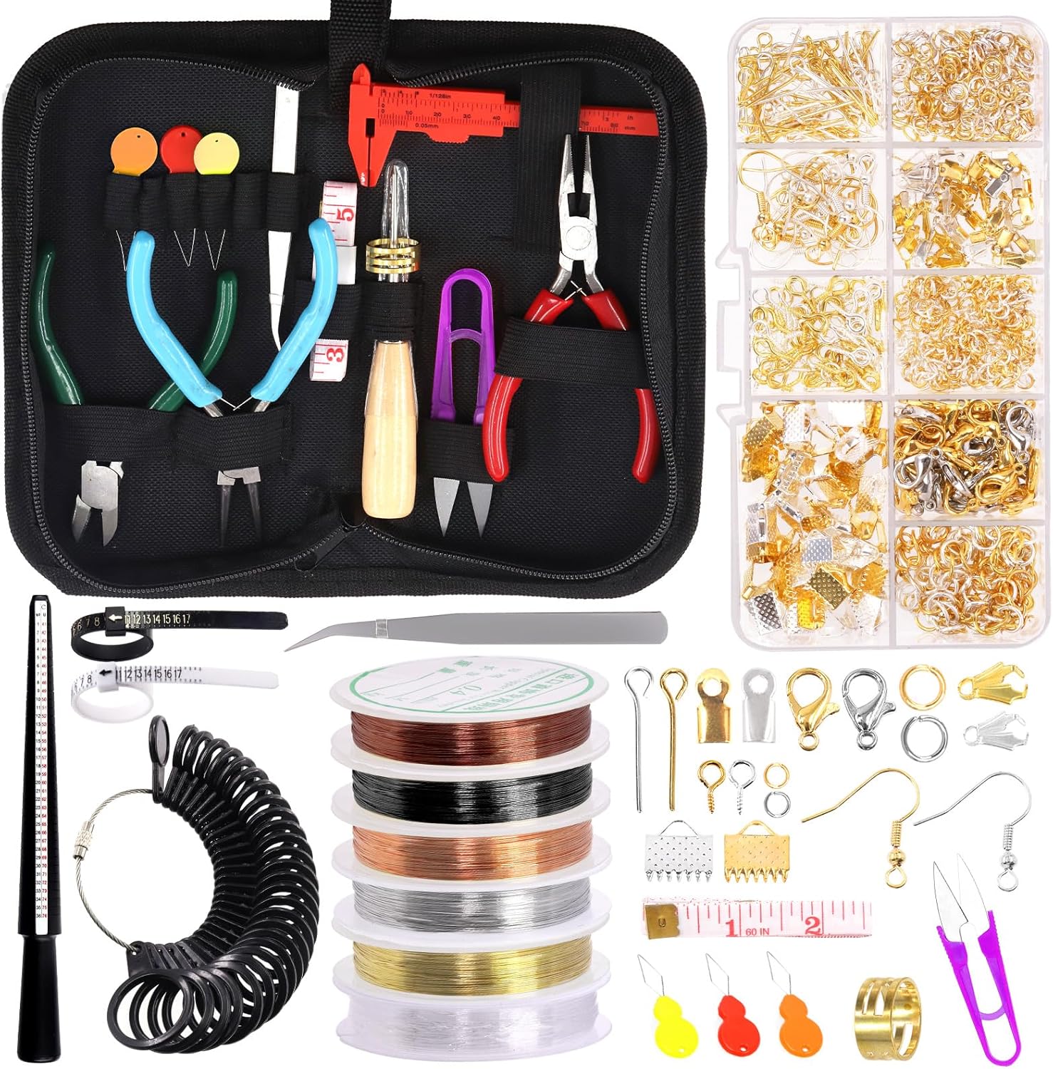 Swpeet 949 Pcs Jewelry Making Supplies Kit - 3 Type Pliers, 6 Color Wires, 20 Styles Findings, Ring Sizer, Awl, Tweezers, Scissors