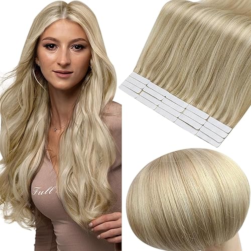 Full Shine - Extensiones de cabello humano con cinta adhesiva de color rubio dorado, reflejos rubio medio, extensiones adhesivas de doble cara de disponible en Yaxa Peru