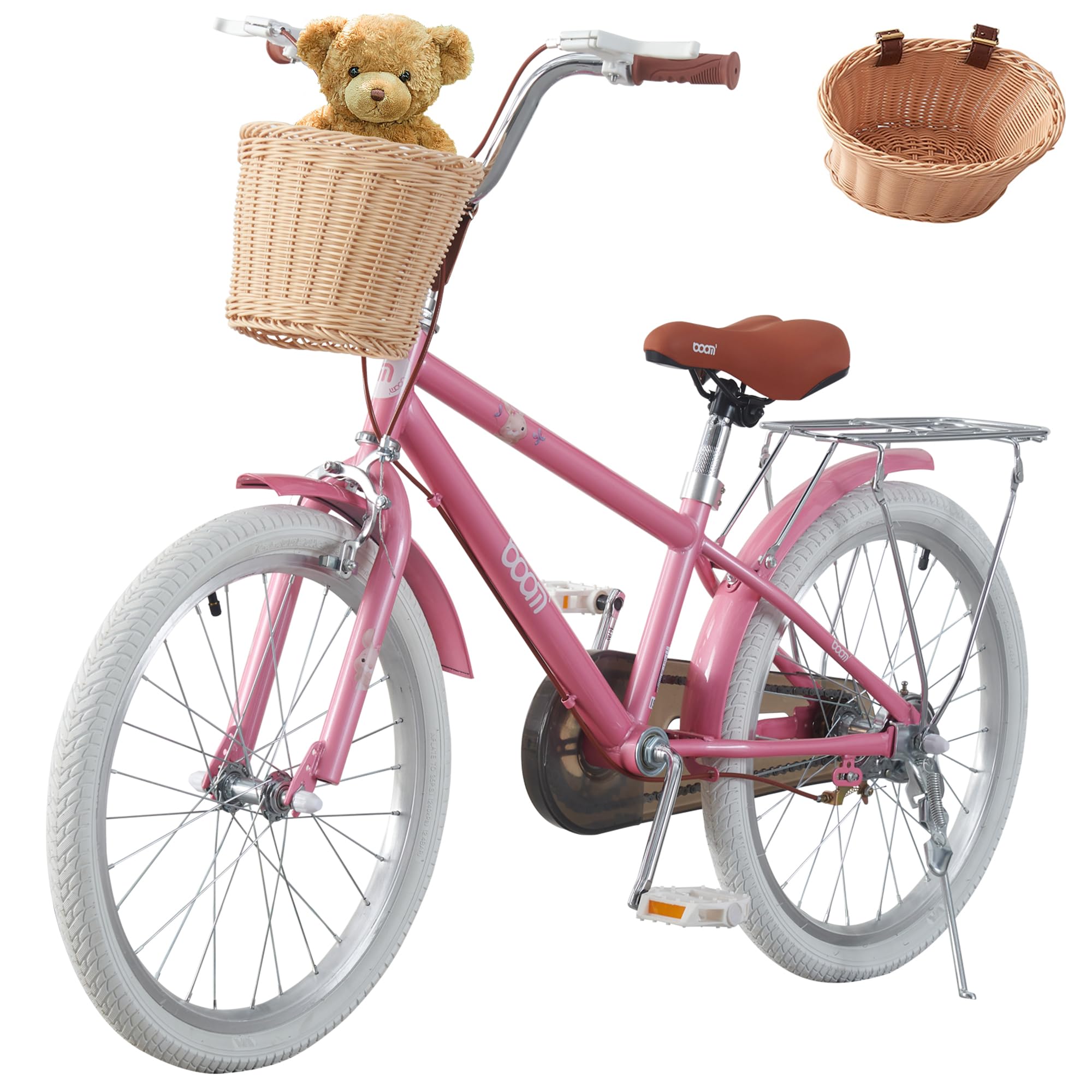 LSLIFE Girls Bike with Basket for 4-14 Years Old Kids 12-22 Inch Pink Children Bicycle with Stabilizers Double Brake Adjustable Seat