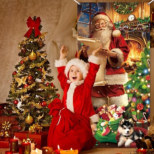 Miniatura 6 de Zeyune Cubierta de puerta delantera de Navidad, decoración de puerta de Navidad, fondo navideño, chimenea, árbol de Navidad, suministros de fiesta