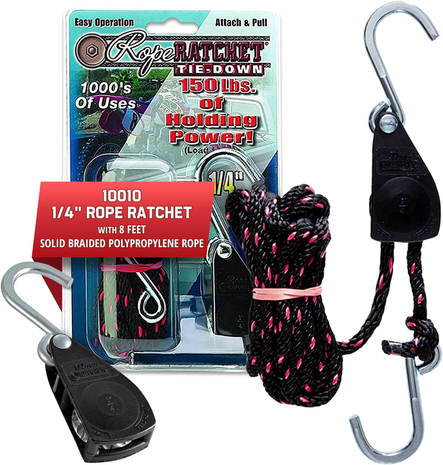 Rope Ratchet 1/4" Adjustable Pulley System – 150 lb Capacity Heavy-Duty 8' Braided Polypropylene Rope, Locking Rope Hanger, Grow Lights, Tarp Tie Downs, Kayak Straps, Plant Pulleys, Tent Tie Downs