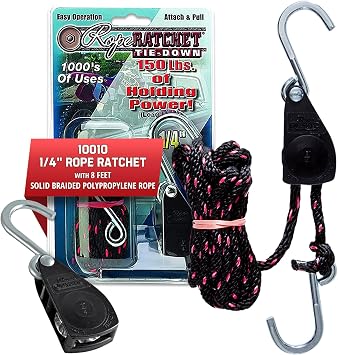 Rope Ratchet 1/4" Adjustable Pulley System 150 lb Capacity Heavy-Duty 8 Braided Polypropylene Rope, Locking Rope Hanger, Grow Lights, Tarp Tie Downs, Kayak Straps, Plant Pulleys, Tent Tie Downs