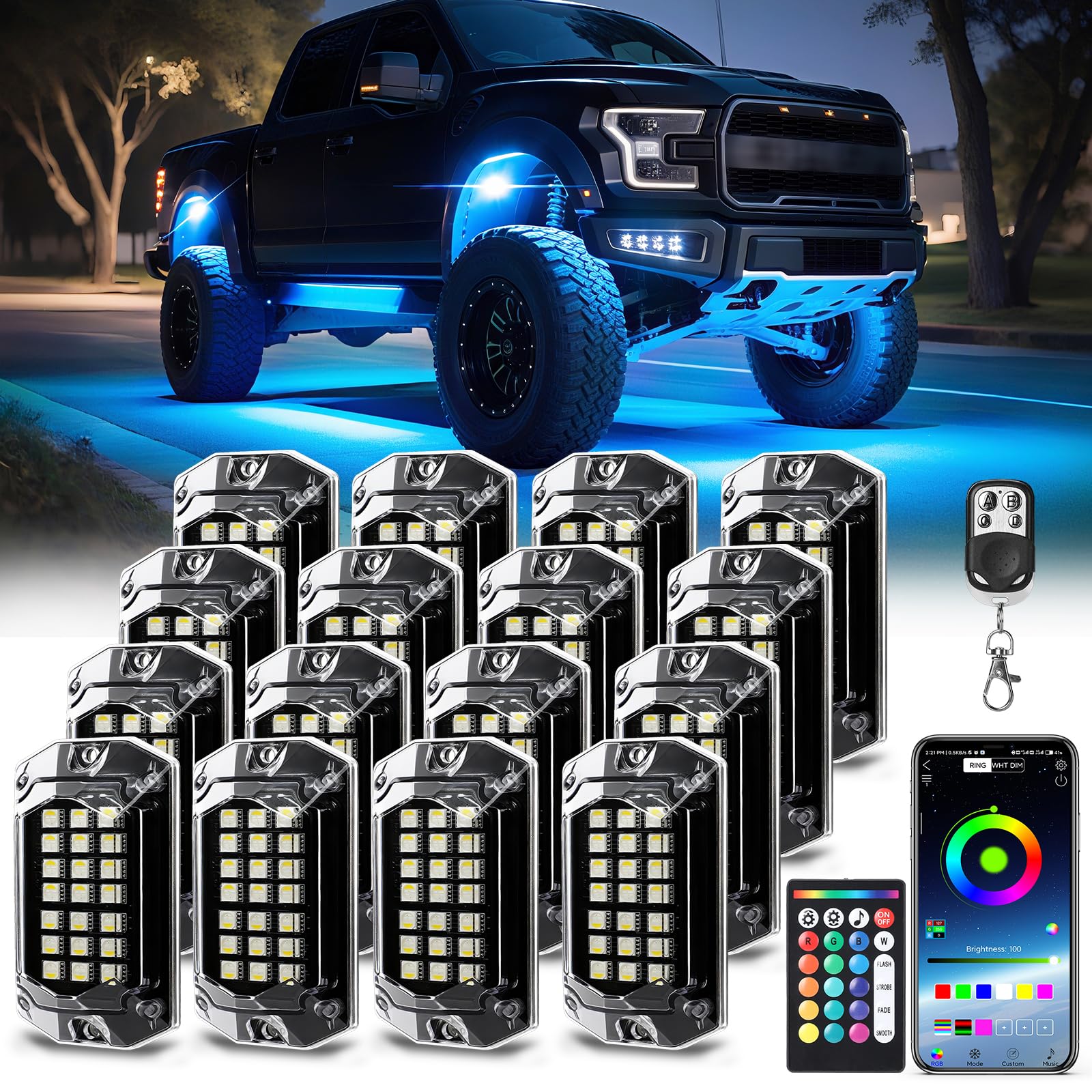16 Pods Full Angle RGBW LED Rock Lights, 6500K Pure White RGB Rock Light for Truck Jeeps Pickup Offroad Golf Cart Boat RV UTV Underbody, 12V Waterproof Neon Underglow Kit with APP/RF Remote Sync Music