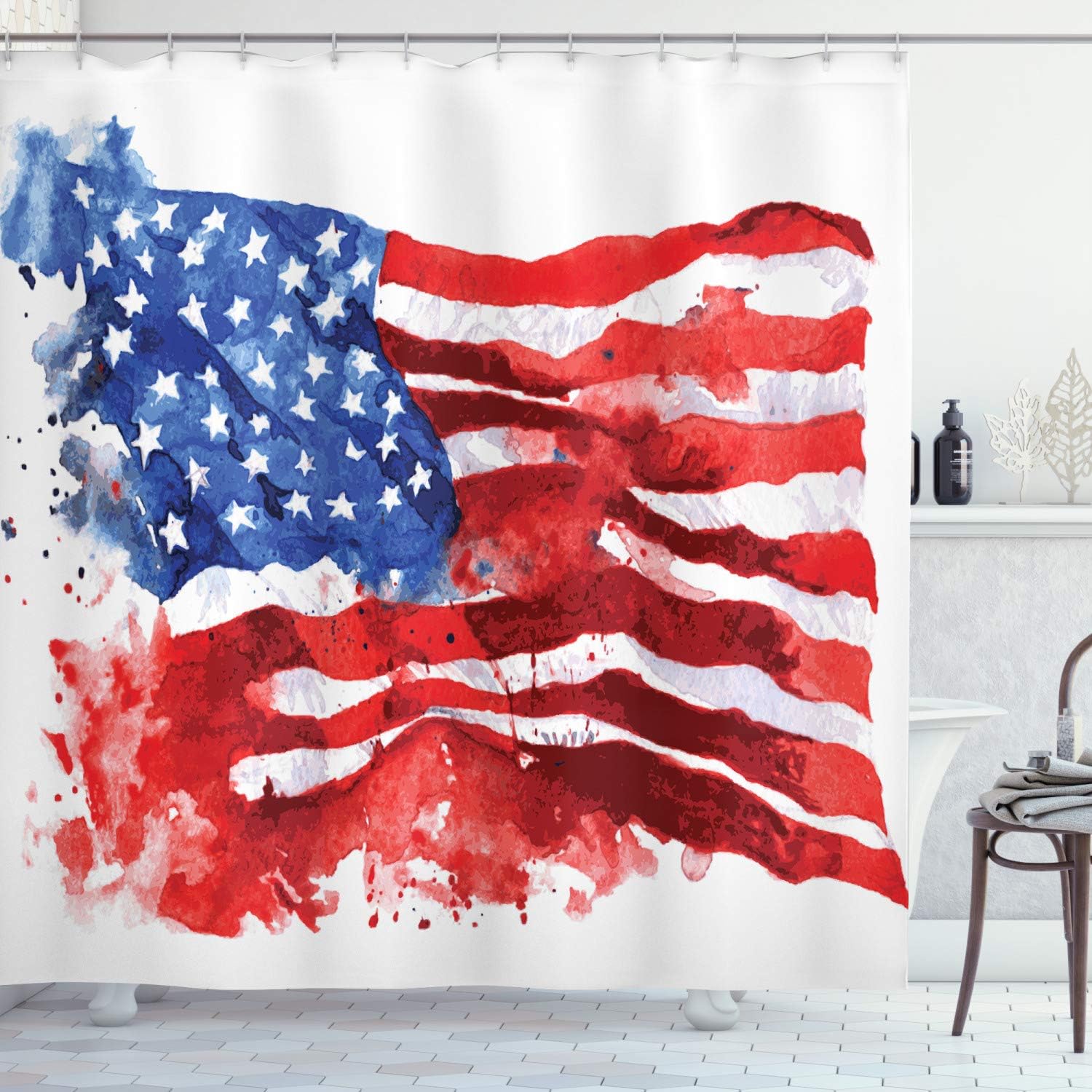 Ambesonne American Shower Curtain, Flag of America Watercolor Splash National Independence Symbol Abstract Art, Cloth Fabric Bathroom Decor Set with Hooks, 69" W x 75" L, Red Blue White