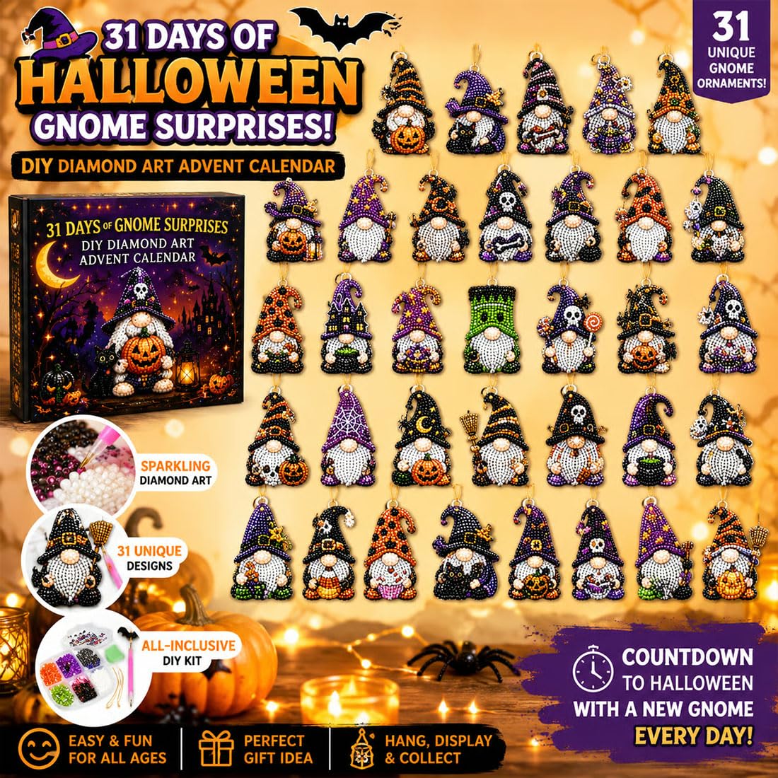 31 Tage voller Gnome-Überraschungen – Halloween-Diamantmalerei，2PC | Diamantmalerei-Adventskalender, Komplettes Diamantmalerei-Set mit Werkzeug und Perlen, Geschenk für Erwachsene und Kinder
