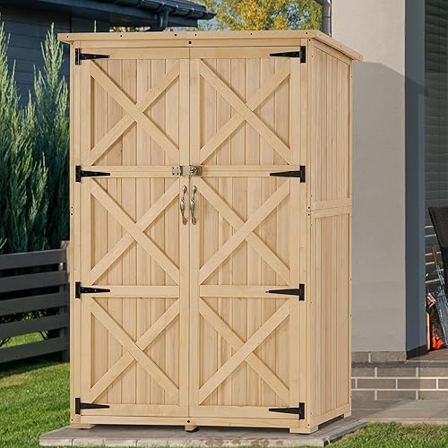 Miniatura 2 de MCombo Cobertizos de madera y almacenamiento al aire libre, cobertizo de herramientas de jardín con cerradura, armario de almacenamiento de madera