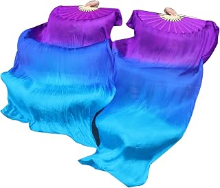 Winged Sirenny Belly Dance Silk Fan Veils Adjustable Pairs, 70"(180 cm) Worship Praise Flags Streamers(purple-blue-turquoise)