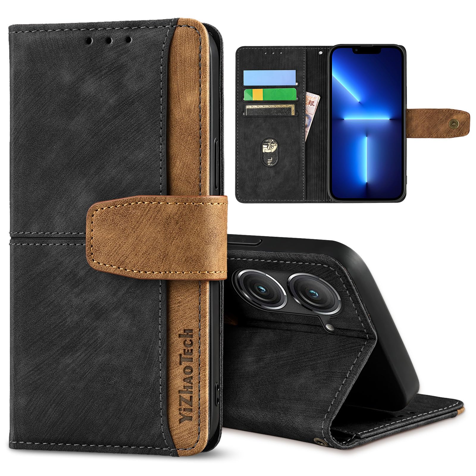 Leather Business Cell Phone Holster for Asus Zenfone 9/9z/10/10z,Anti-Slip Scratch Resistant Flip Cover with Card Holder,Stand Feature Wallet Case 5.9 Inches - Black