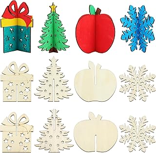 DIY 3D Christmas Wood Crafts to Paint, Unfinished Wooden Table Decorations, Wooden Slices Christmas Decor Cutouts Ornaments for Painting Decorations (32 PCS)