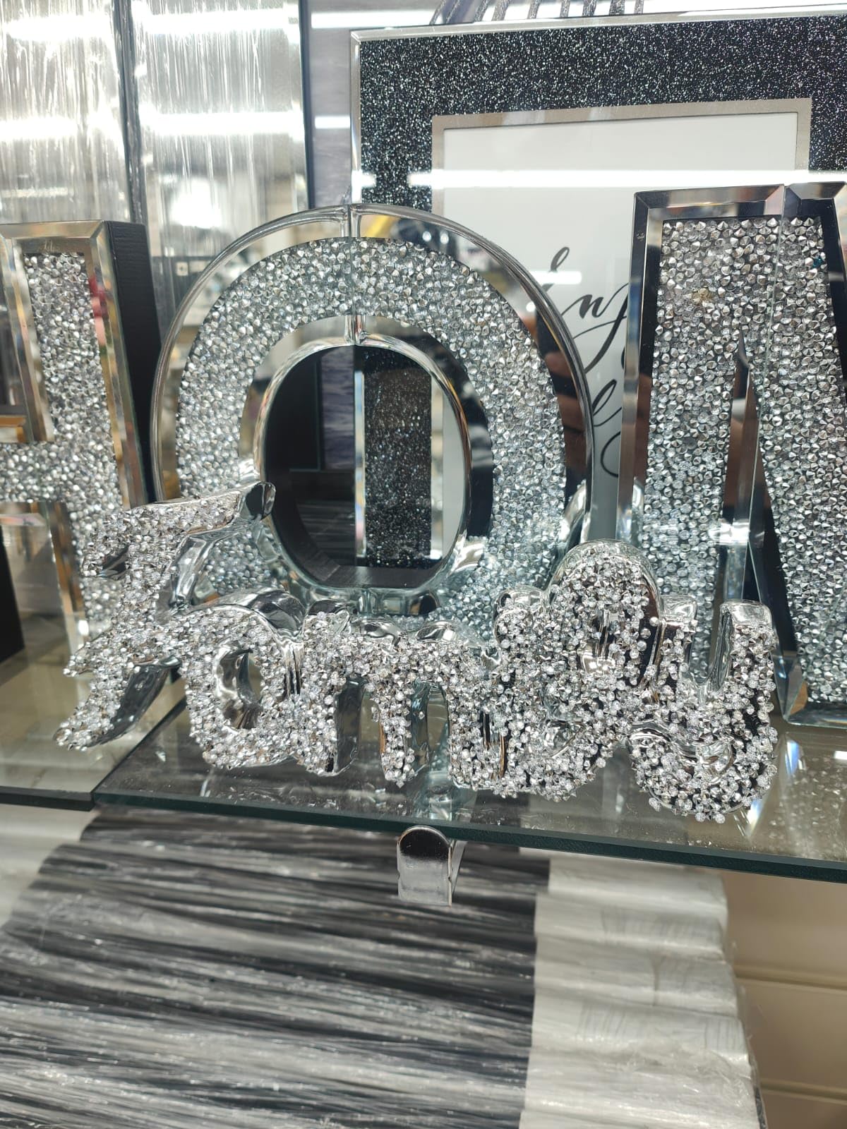 Biznest Silver Sparkle Ornament Bling Crushed Diamond Crystal Letter Craft Ceramic Ornaments For Home And Party Decoration (Family)