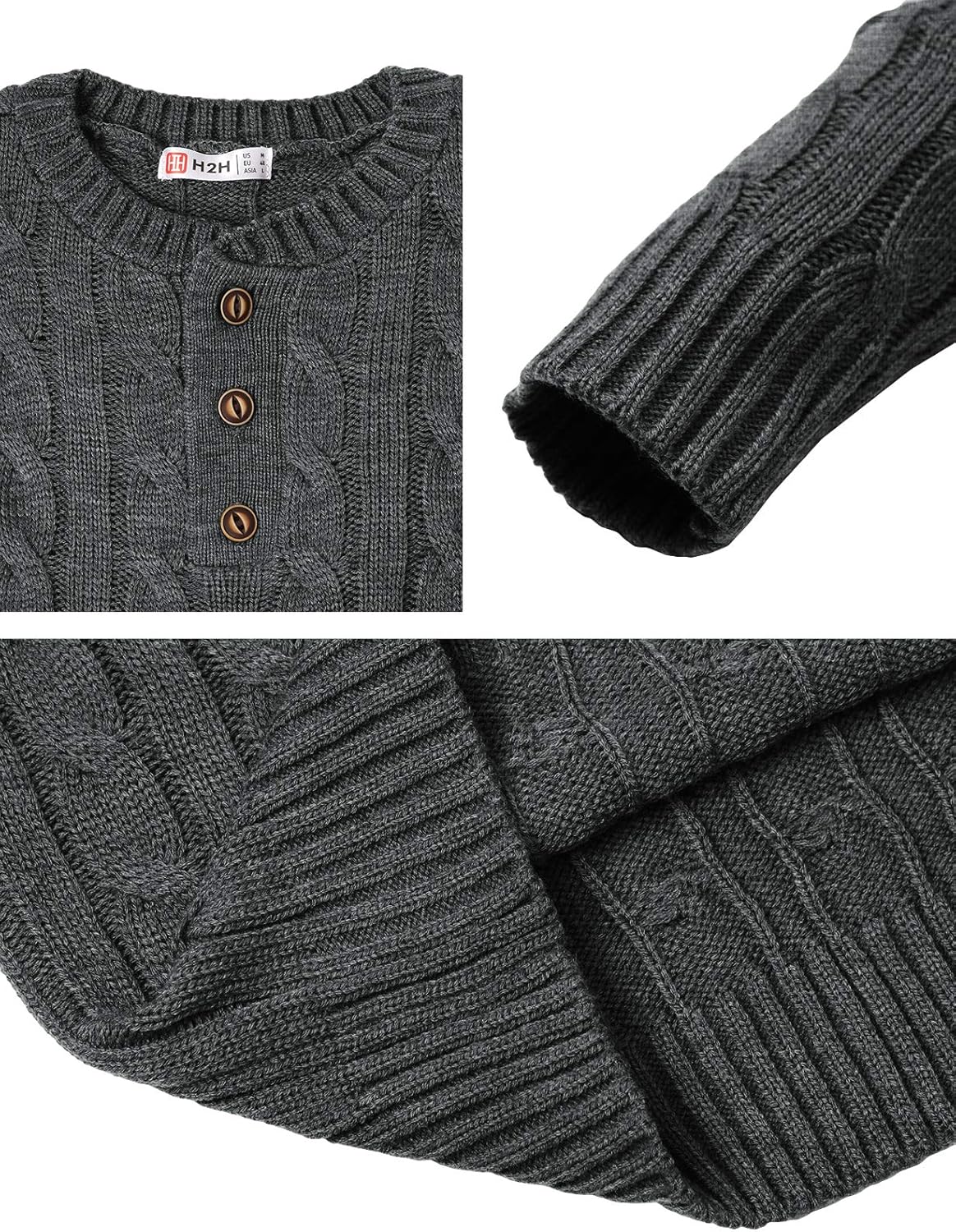 H2H Mens Casual Slim Fit Pullover Sweaters Long Sleeve Cable Knitted Sweater with Button Closure - Image 5