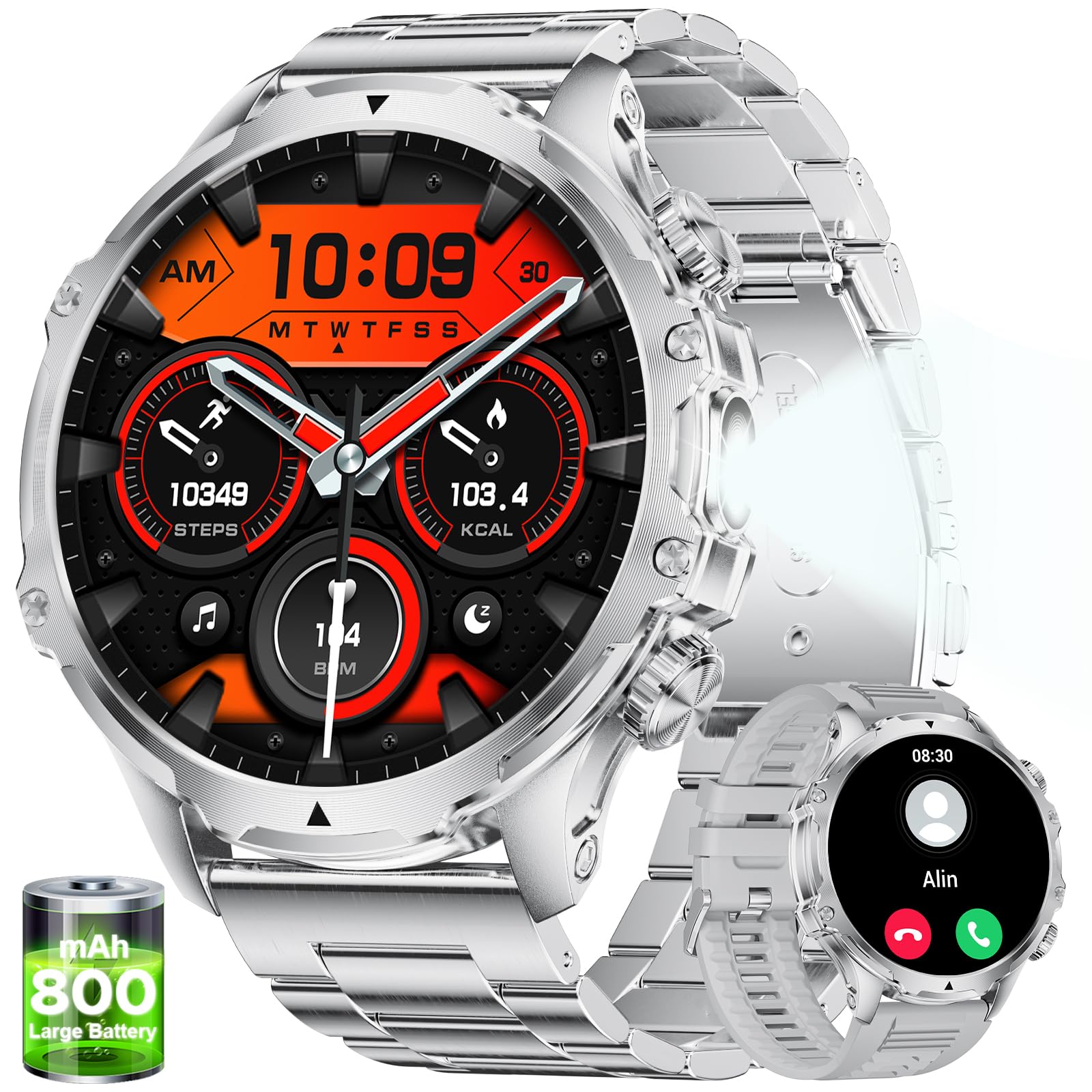 SUNKTA Smartwatch Herren Militär,800 mAh Akku/1,85'' HD-Display-Sportuhr mit Taschenlampe/100+ Sportmodi,IP68 Wasserdicht Fitnessuhr mit SpO2/Herzfrequenz,Schlafmonitor für Android/iOS Silber
