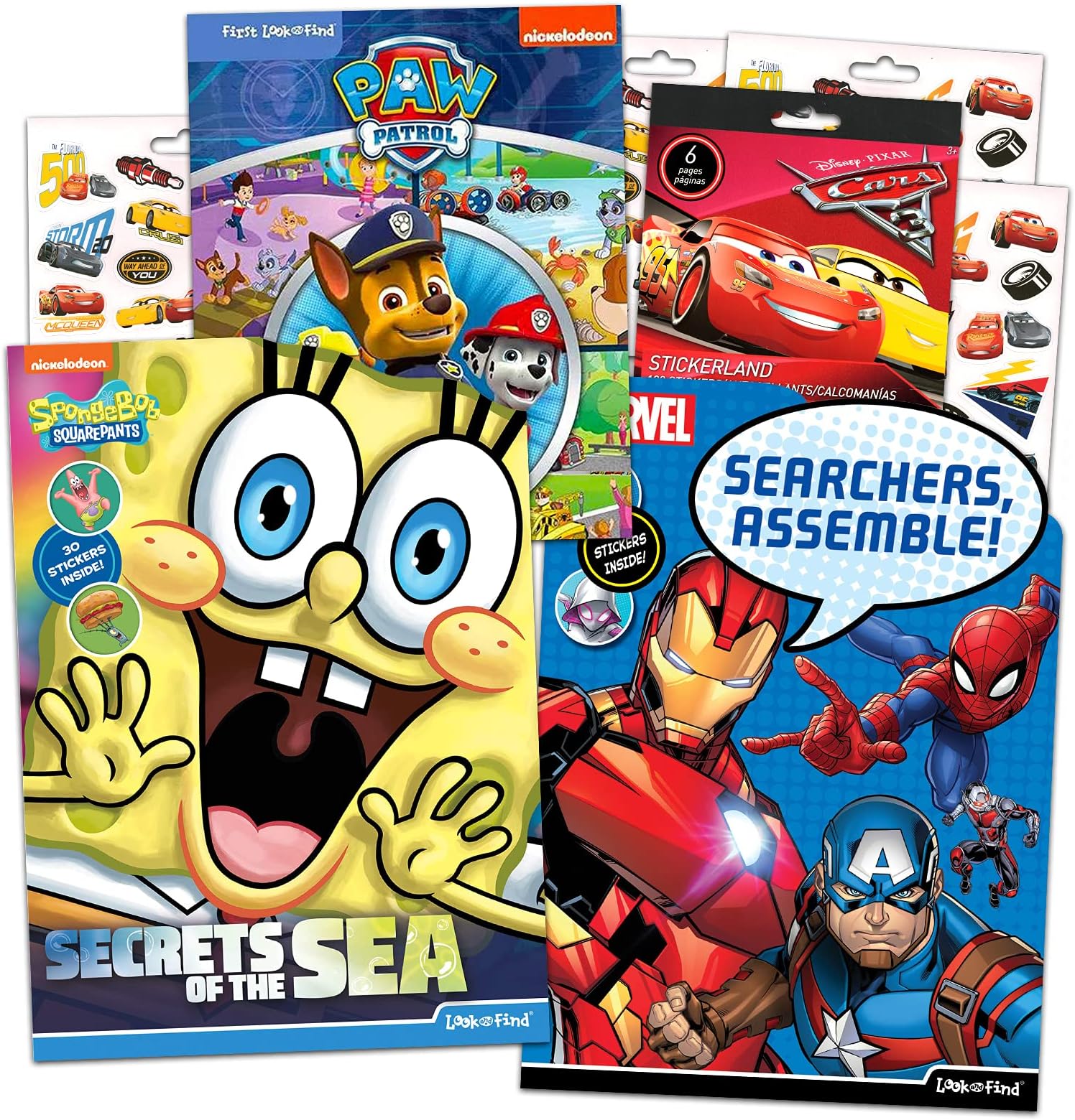 Boy's Look and Find Assorted Puzzle Book Set ~ 4 Pc Bundle with Kids Activity Search and Find Game Books Featuring Spongebob, Marvel Avengers, Paw Patrol and More