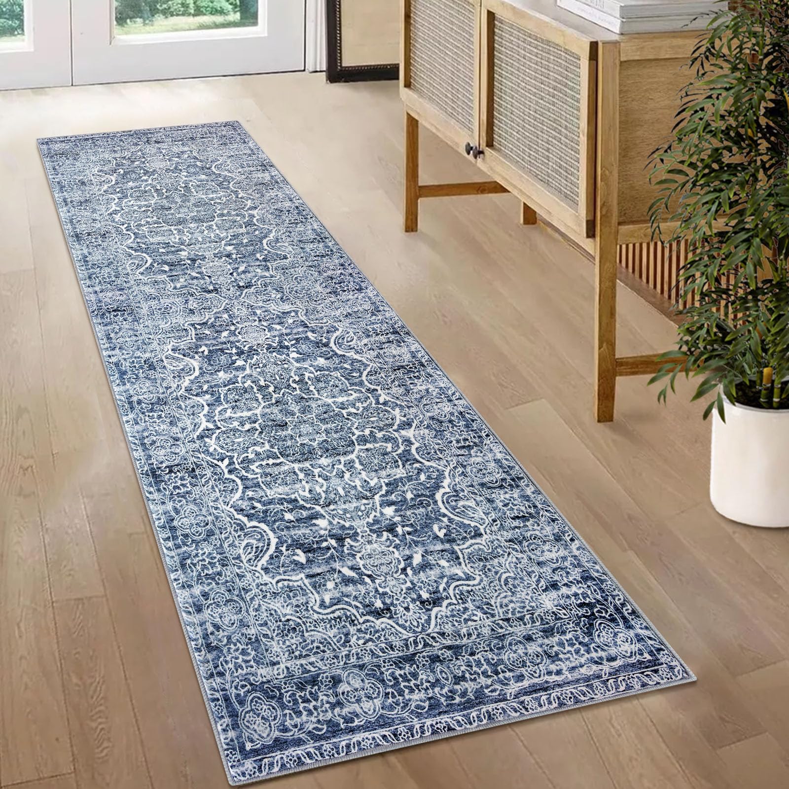 KUTA Vintage Washable Runner Rug, 2x6 Blue Runners for Hallways Non-Slip Kitchen Runner Rug Ultra Soft Printed Distressed Oriental Floral Floor Carpet Runner for Laundry Bedroom Living Room Nursery