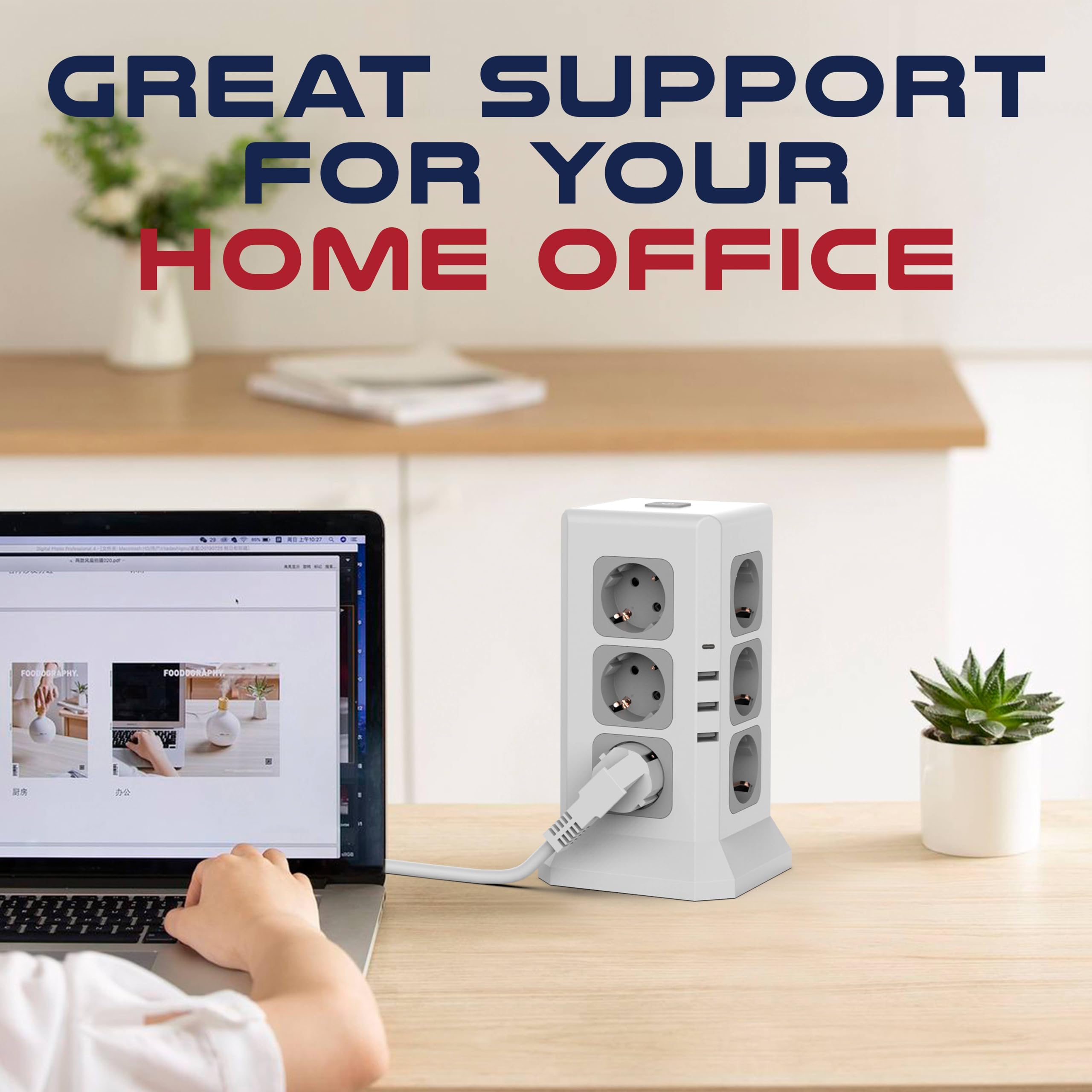 SUNMATIC Mehrfachsteckdose 12 EU, Überspannungsschutz, 3 USB-A, 1 USB-C, Schalter, Verlängerungskabel 2m, 3680W, Kindersicherung, Feuerfest, Schuko, für Büro & Homeoffice