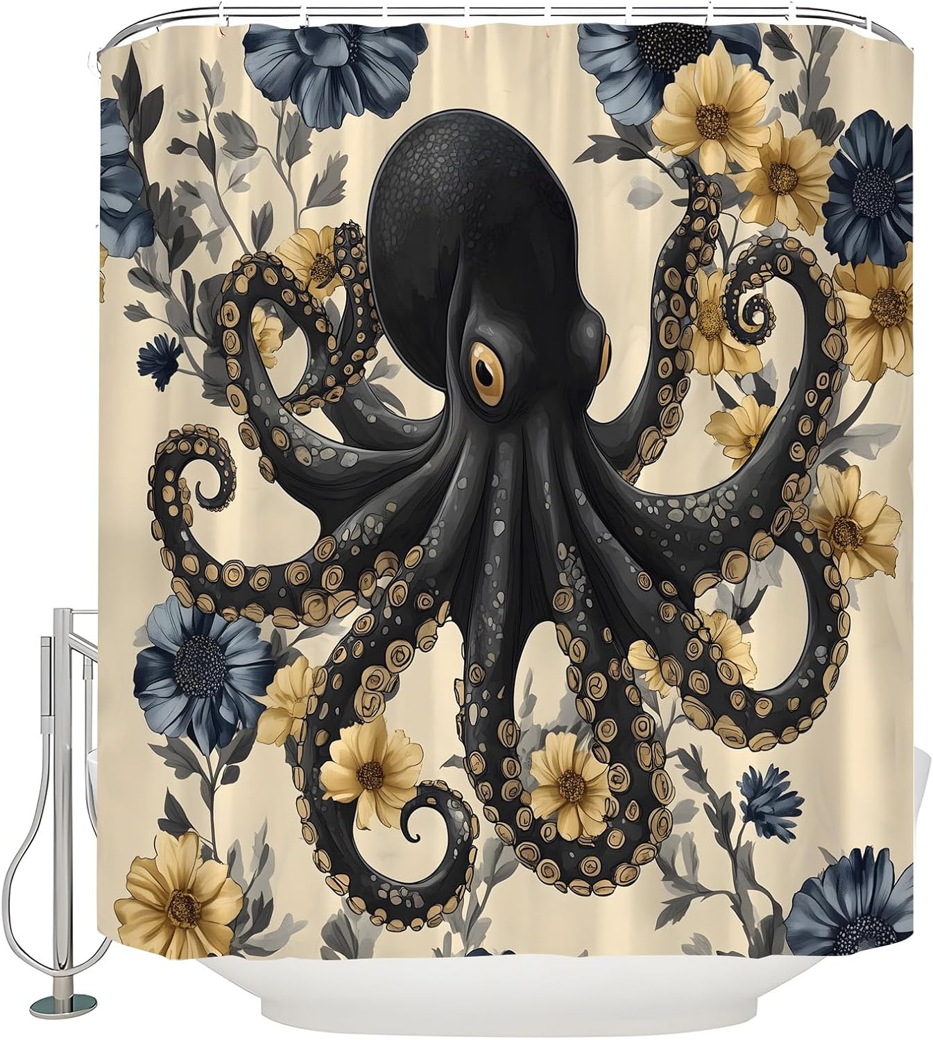 Octopus Shower Curtain Funny Sea Kraken Tentacles Vintage Floral Ocean Animal Nautical Coastal Wildlife Unique Bathroom Curtain with Hooks