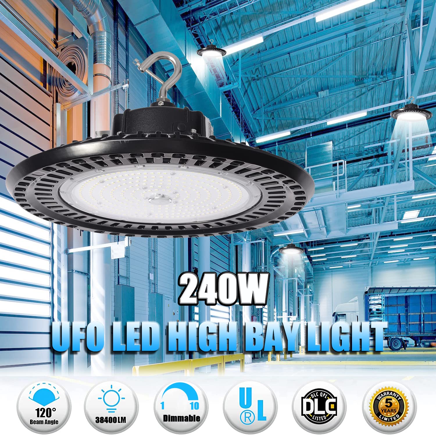 480V 240W UFO LED High Bay Light, 38400LM 5000K High Bay LED Shop Lights (1000W MH/HPS Equivalent), 0-10V Dimmable Commercial Warehouse Factory Area Lighting Fixture, IP65 Waterproof DLC ETL Listed