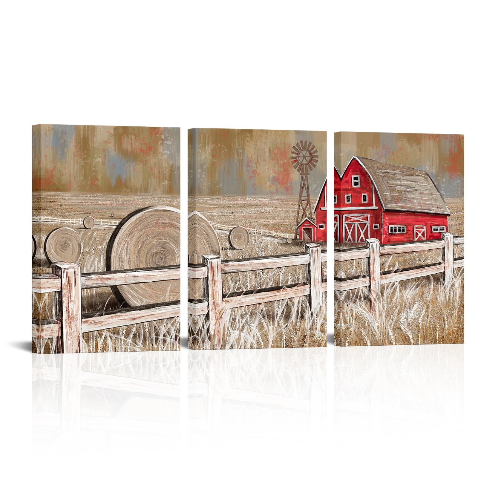 Visual Art Decor Rustic Farmhouse Wall Decor Red Barn Windmill Painting Country Wall Art, Framed Artwork Farmhouse Decor (16"x24"x3 Pieces)