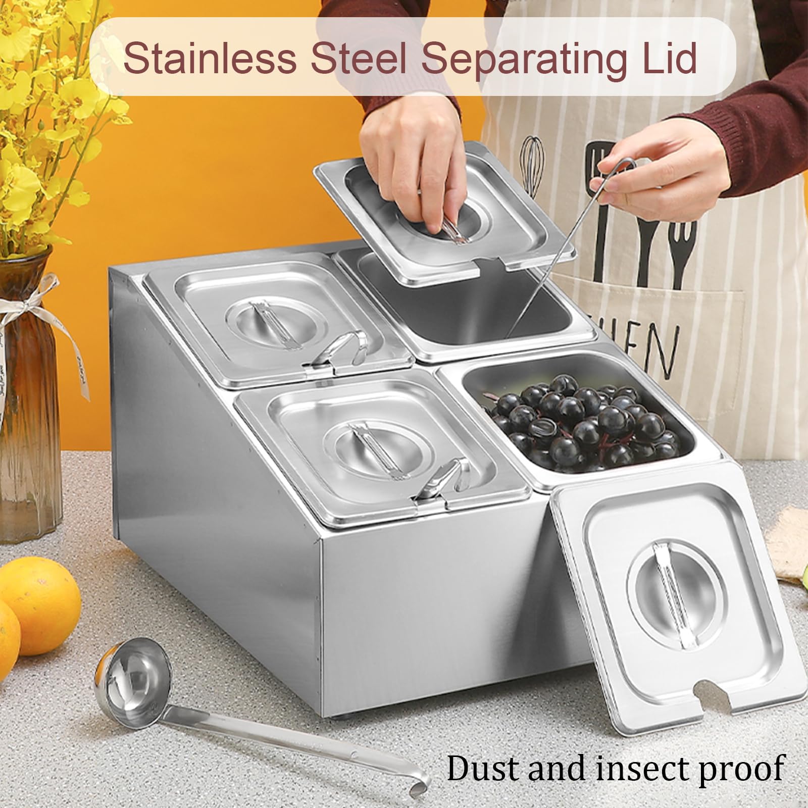 Estación de cobertura de pizza con sartenes y tapas, dispensador inclinado de acero inoxidable para encimera, estante de especias para condimentos, salsa, ensalada, mermelada, ingredientes