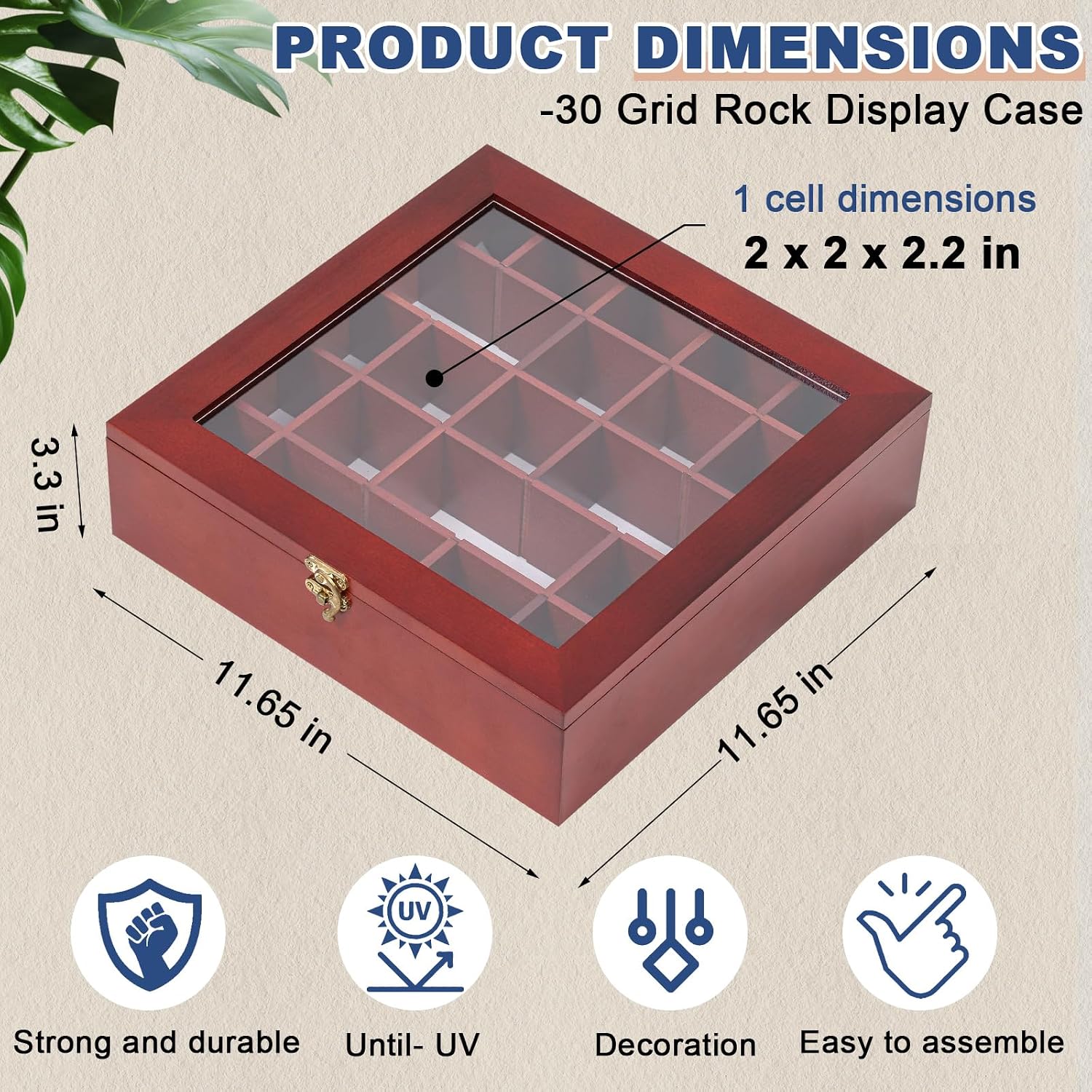 Yalikop Wood Adjustable Rock Display Case with Lid 25 Grids Rock Collection Shadow Box with Shelves Display Shelf Storage Organizer for Collectibles Trinket Gem Agate Opal Stone Mineral Crystal
