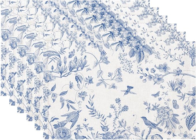 QiyI Boho Placemats Set of 6, 12x18 Inch Linen Fabric Floral Place Mats for Kitchen Dinning, Farmhouse Rustic Cloth Table Mats, Washable Placemat Party Table Décor, Green Botanical Art
