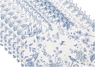 QIYI Boho Table Placemats Set of 6, 12"x18" Linen Place Mats, Blue Garden | Fabric Place Mats for Kitchen Dinning, Farmhouse Rustic Cloth Table Mats, Washable Placemat Party Table Décor