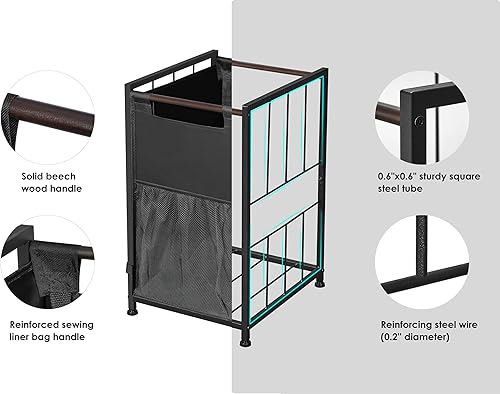 Miniatura 4 de Cesta de lavandería con ruedas y pies ajustables, color gris, cesta de lavandería de 90 litros con bolsa extraíble para forro, ideal para baño,