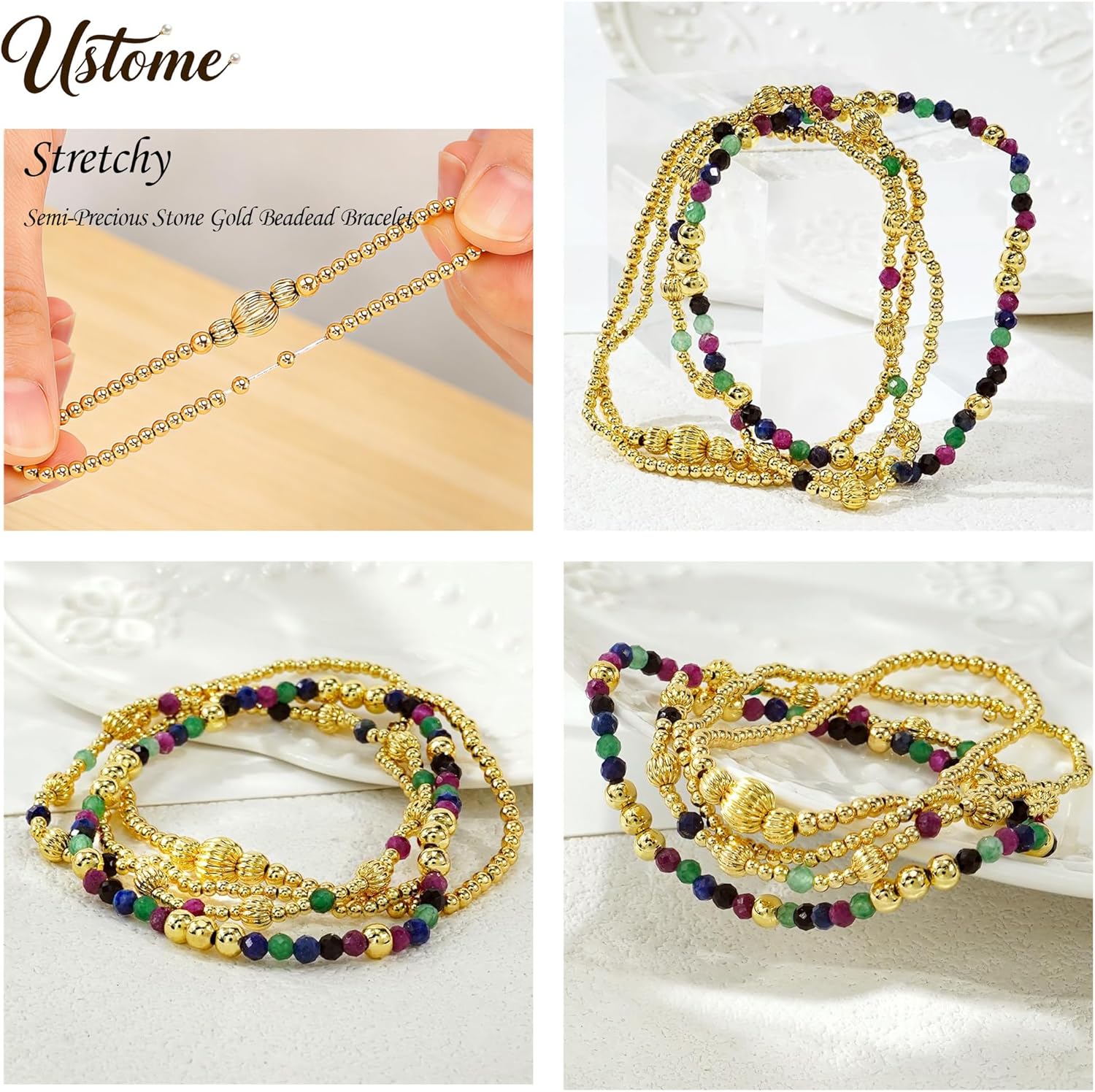 Gold 4Pcs Stackable Beaded Bracelets Set For Women,Handmade Natural Gemstone Glass Ball Stretch Accessories Jewelry, Daily Wear Friendship Gift - Image 4