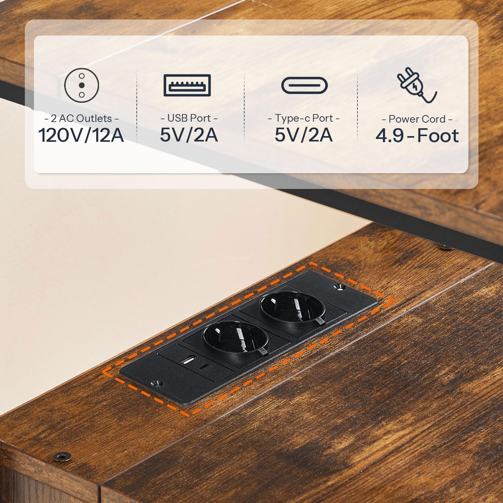 HOOBRO Mesita de Noche con Estación de Carga, Mesa Auxiliar con 2 Cajones, 2 Tomas CA, 1 Puerto USB A y 1 Puerto Tipo C, Mueble para sofá, Marrón Rústico y Negro EBF43CBZ01G3