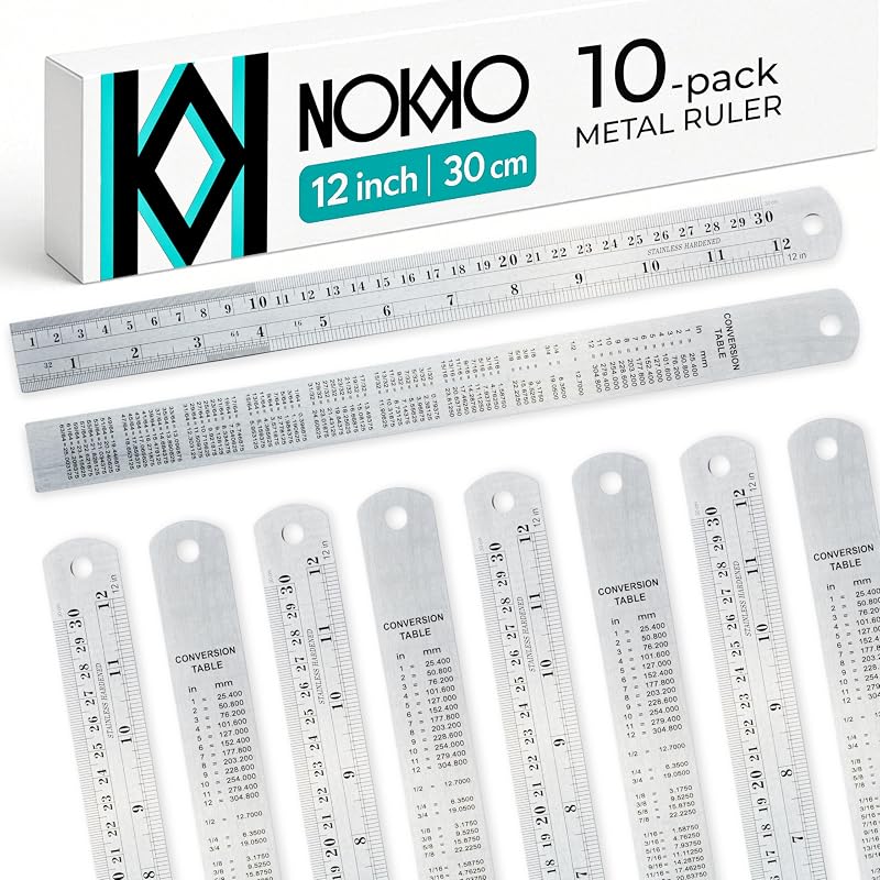 Regla de metal de 12 pulgadas, regla de acero inoxidable, borde recto, paquete de 10 | Regla métrica con marcas en pulgadas y centímetros, una regla de metal para cortar y dibujar, además de una tabla de conversión.