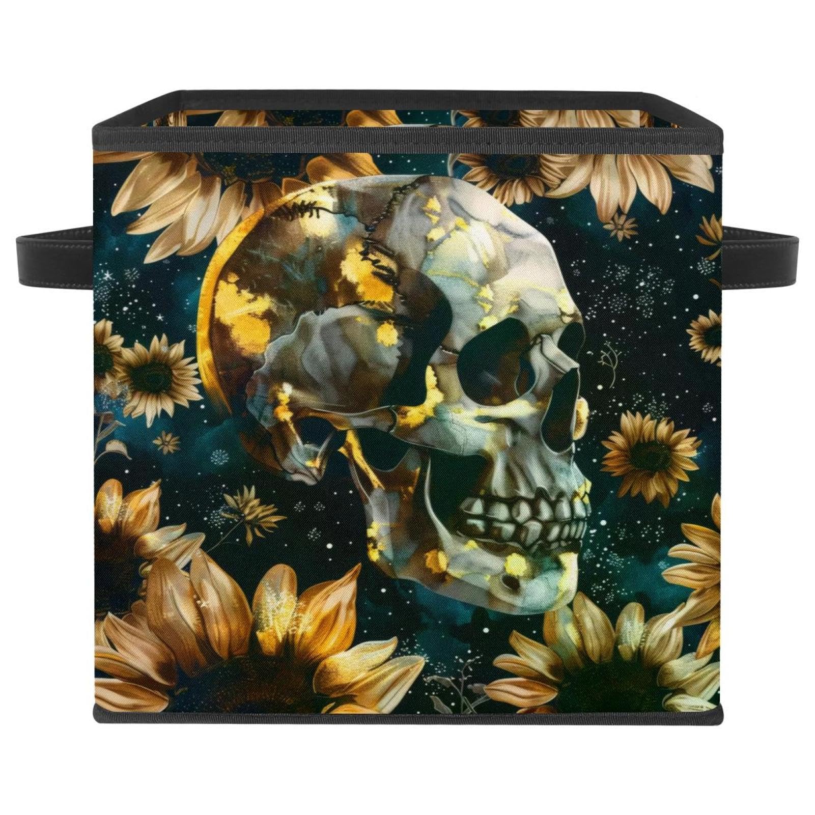Boîte de rangement tête de mort et tournesol grand cube pliable en tissu Oxford pour vêtements