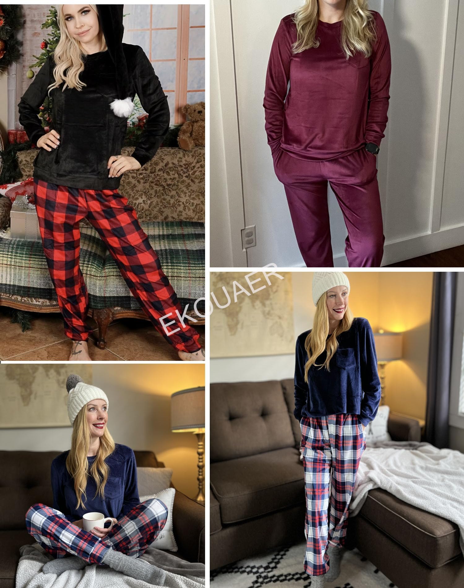 Ekouaer Ensembles de Pyjamas pour Femmes Ensemble de Loisirs en Velours à col Rond Long Ensemble de Pyjama d'hiver Costume de Maison Décontracté Chaud avec Poches
