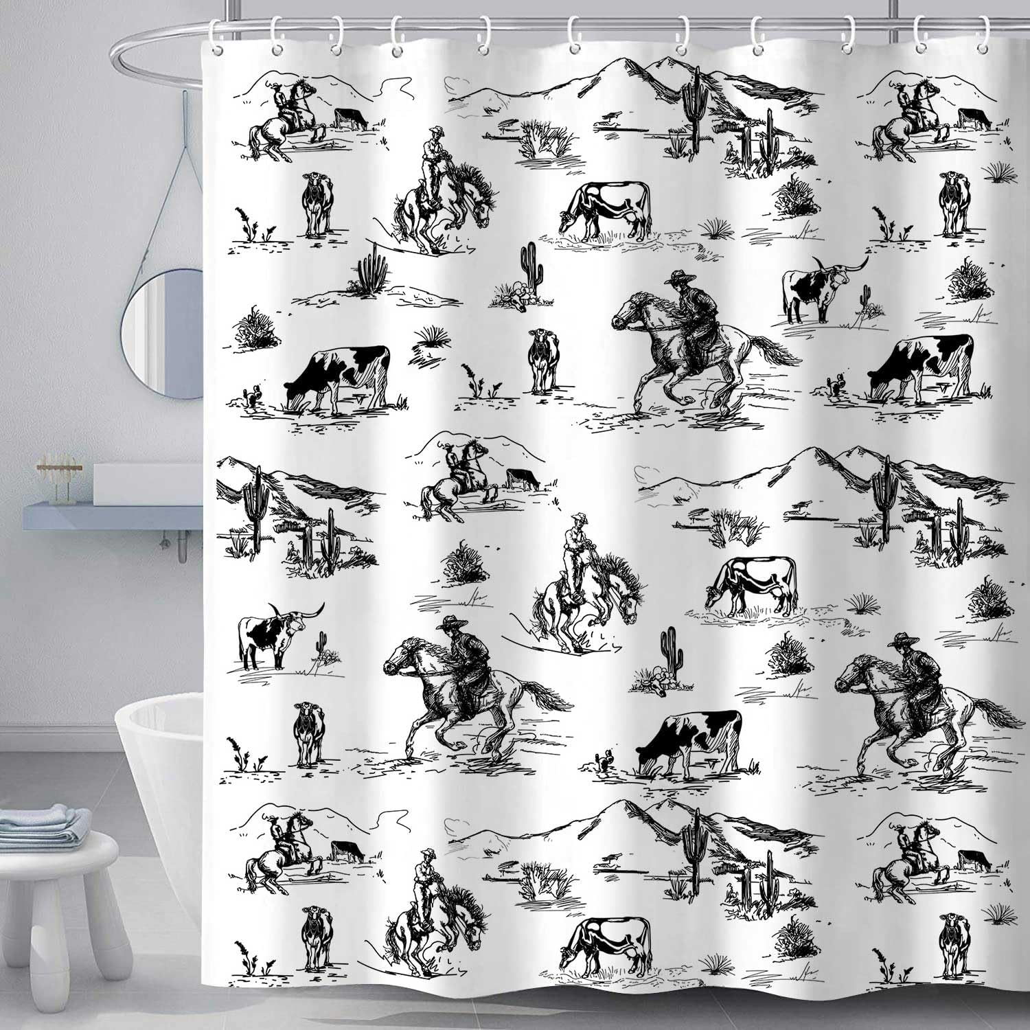 Western Cowboy Shower Curtain, Wild West Cowboy Ride Horse Desert Cactus Shower Curtain for Bathroom, Farmhouse Country American West Theme Fabric Decor Bath Curatain Set with Hooks, 69X78 Black