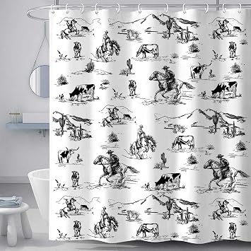Western Cowboy Shower Curtain, Wild West Cowboy Ride Horse Desert Cactus Shower Curtain for Bathroom, Farmhouse Country American West Theme Fabric Decor Bath Curatain Set with Hooks, 69X78 Black