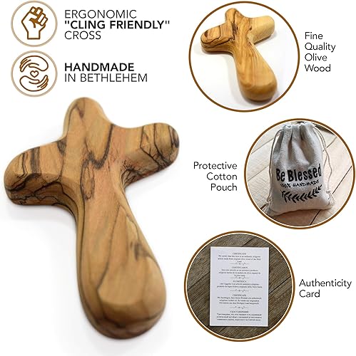 Miniatura 3 de Cruz de mano de madera de olivo de 4 pulgadas de Belén en bolsa (certificada) – Cruz de madera de oración fina que sostiene la comodidad de la cruz