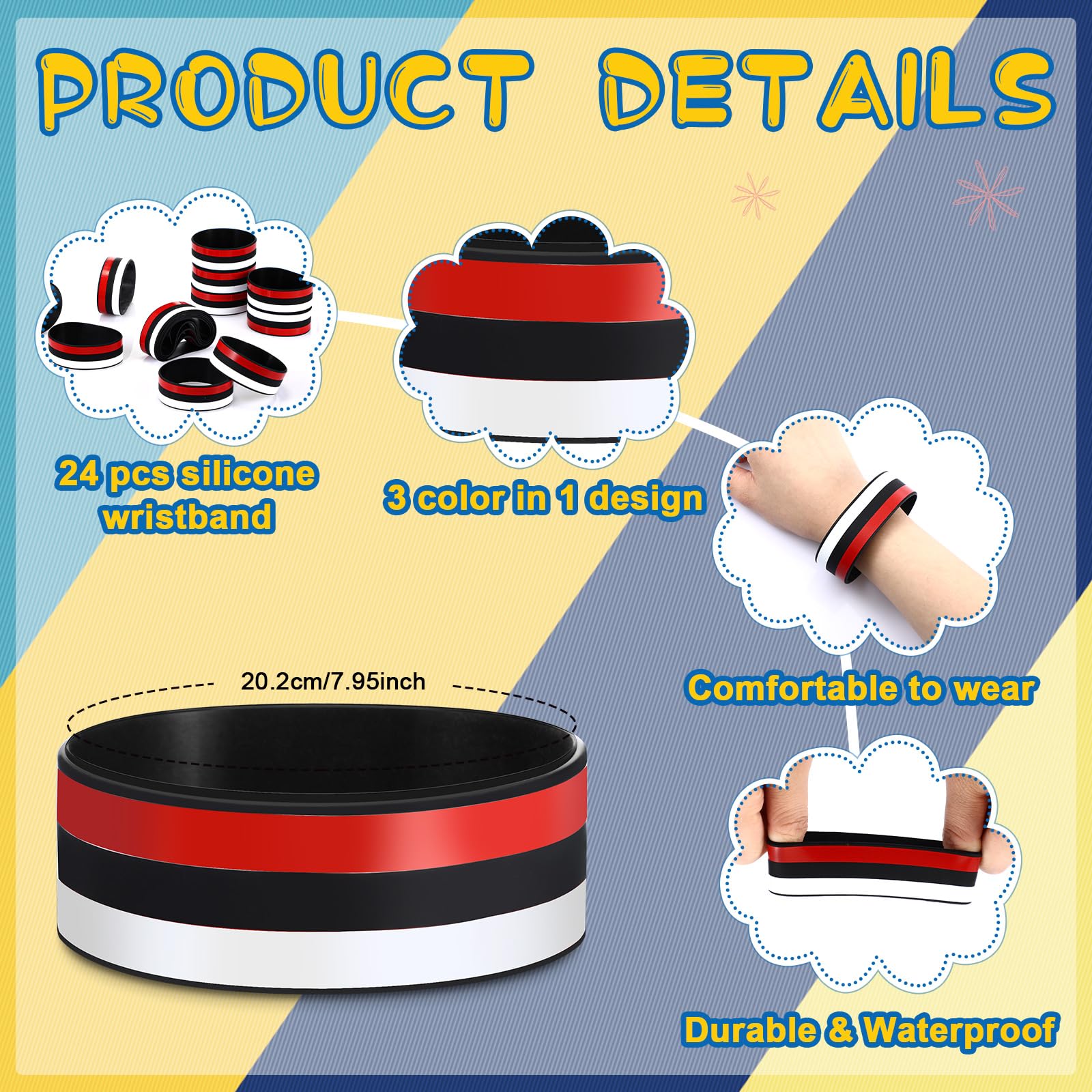 Zeyune 24 Pcs Cartoon Animation Silicone Bracelets Gifts Bulk Cartoon Red White Black Wristbands Red Ball Rubber Elastic Bracelets for Classroom Prize Stuffer Birthday Graduation Gifts