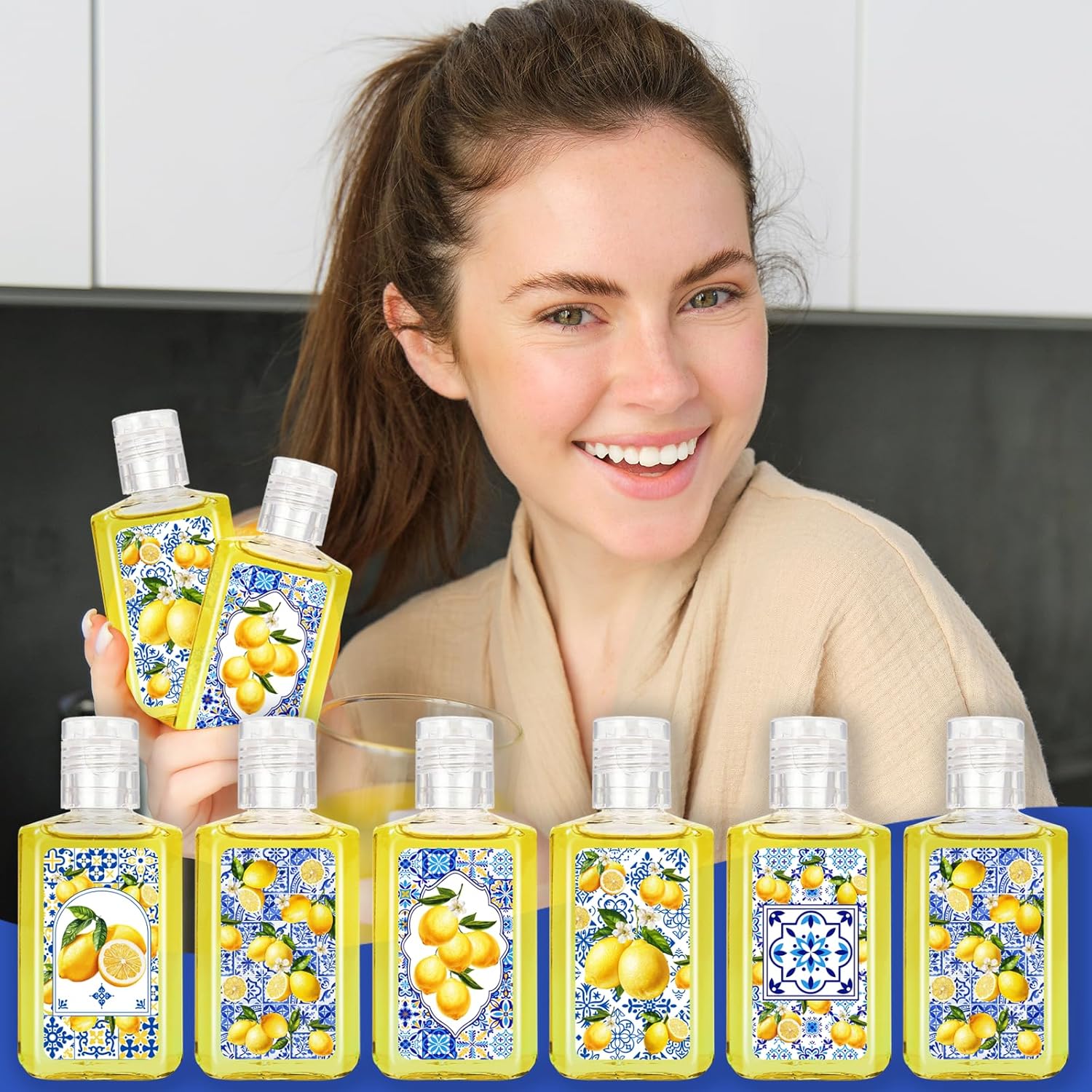 50 Pcs Blue White Lemon Mini Hand Sanitizer Bulk Thank You Gift Favors Natural Plant Fragrance Travel Size Hand Soap Gift for Capri Party Wedding and Baby Shower Supplies