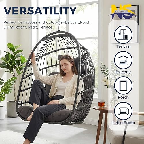 Miniatura 9 de NICESOUL Silla de huevo sin soporte para interiores y exteriores, capacidad de 350 libras, resistente silla colgante de mimbre para patio, hamaca