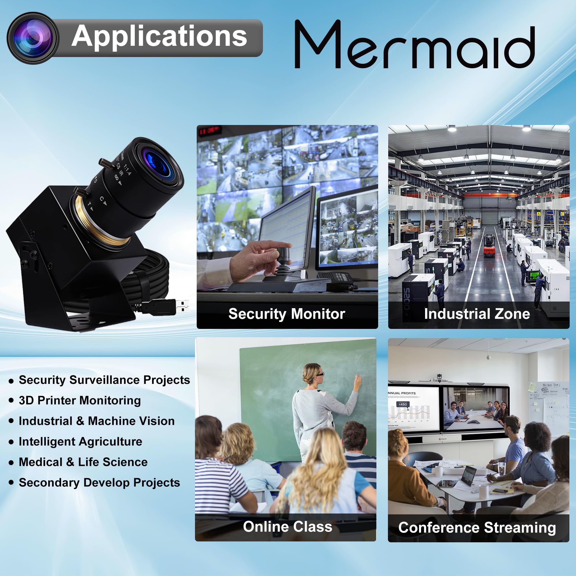 Mermaid Cámara USB 4K para PC, 2,8 – 12 mm, zoom manual, webcam para ordenador, portátil externo IMX415 UVC, cámara web, primer plano, puerto USB